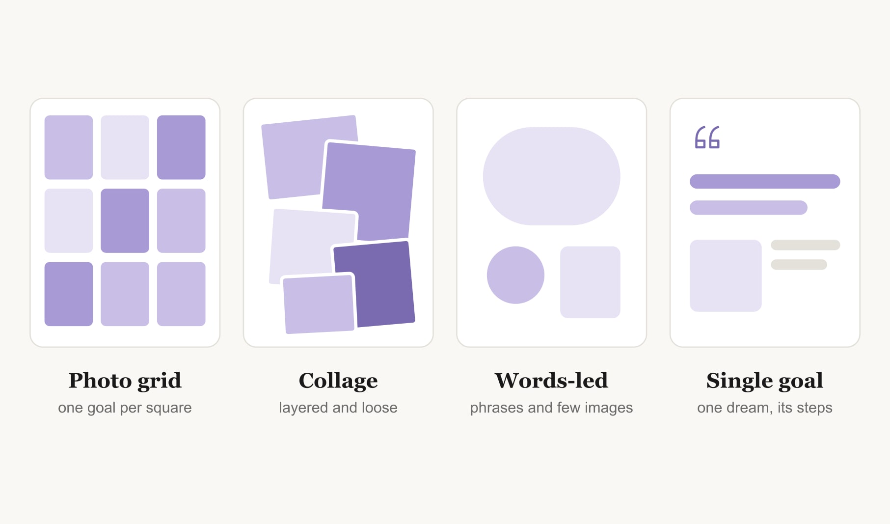 What is a vision board: four example styles side by side, a photo grid, collage, words-led and single goal