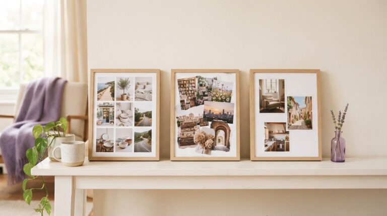 What is a vision board examples: three finished boards in grid, collage and minimal styles on a white shelf