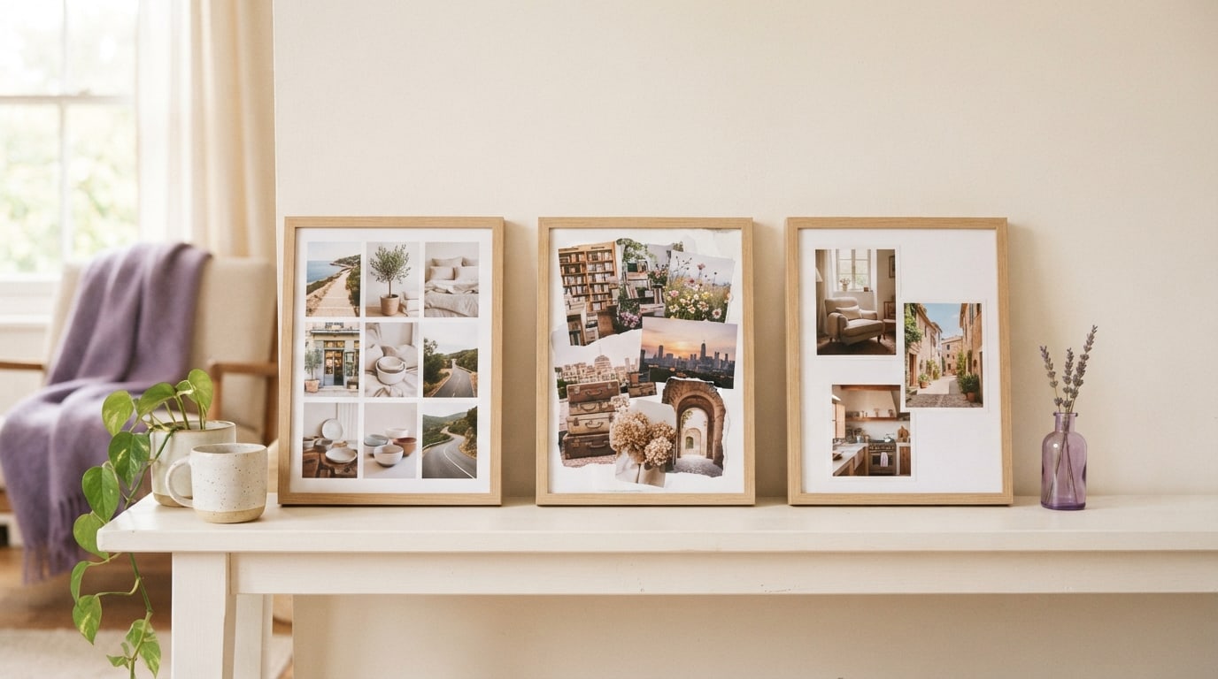 What is a vision board examples: three finished boards in grid, collage and minimal styles on a white shelf