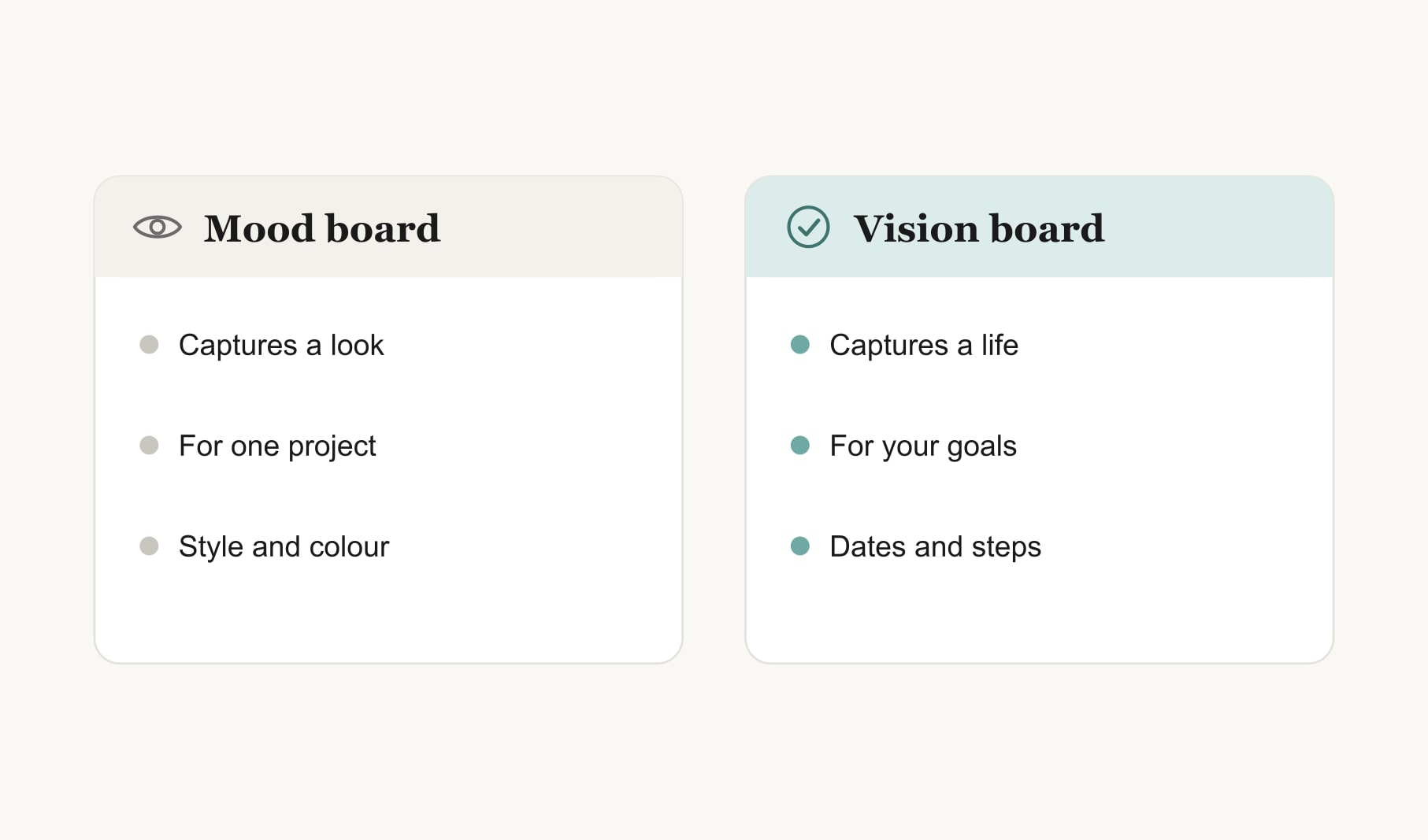 A mood board compared with a vision board: a mood board captures a look, a vision board captures goals