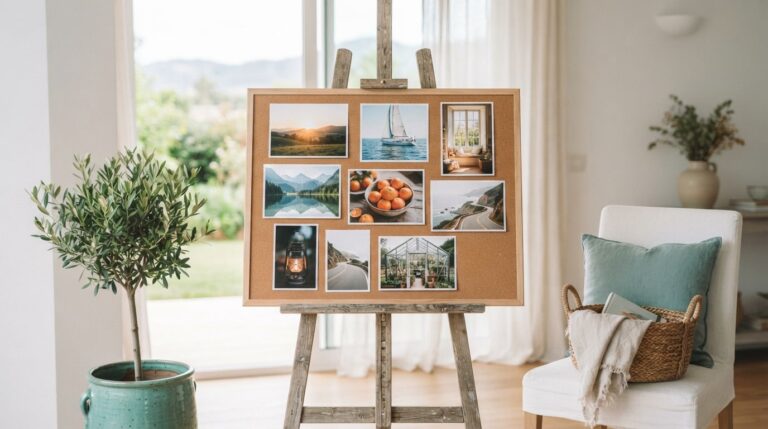 What's another word for vision board: a finished board of eight photos on an easel in a bright room