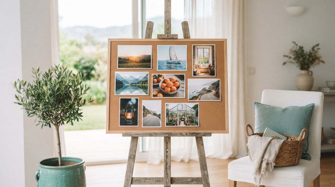 What's another word for vision board: a finished board of eight photos on an easel in a bright room