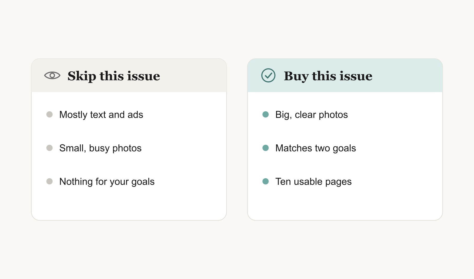 The magazine flip test for a vision board: signs to skip an issue compared with signs it is worth buying