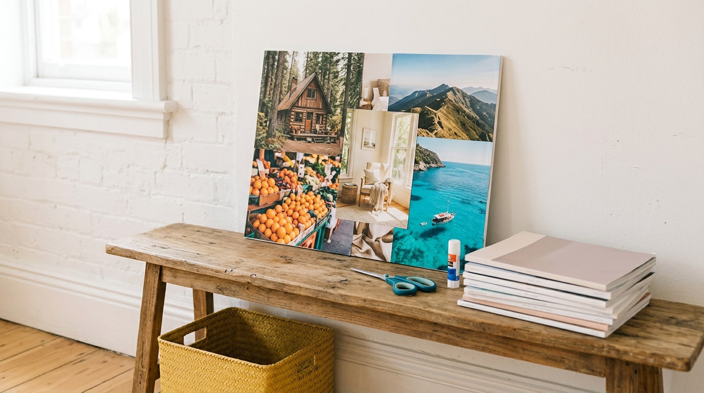 Where can I buy magazines for vision boards: a finished magazine collage board beside a stack of issues