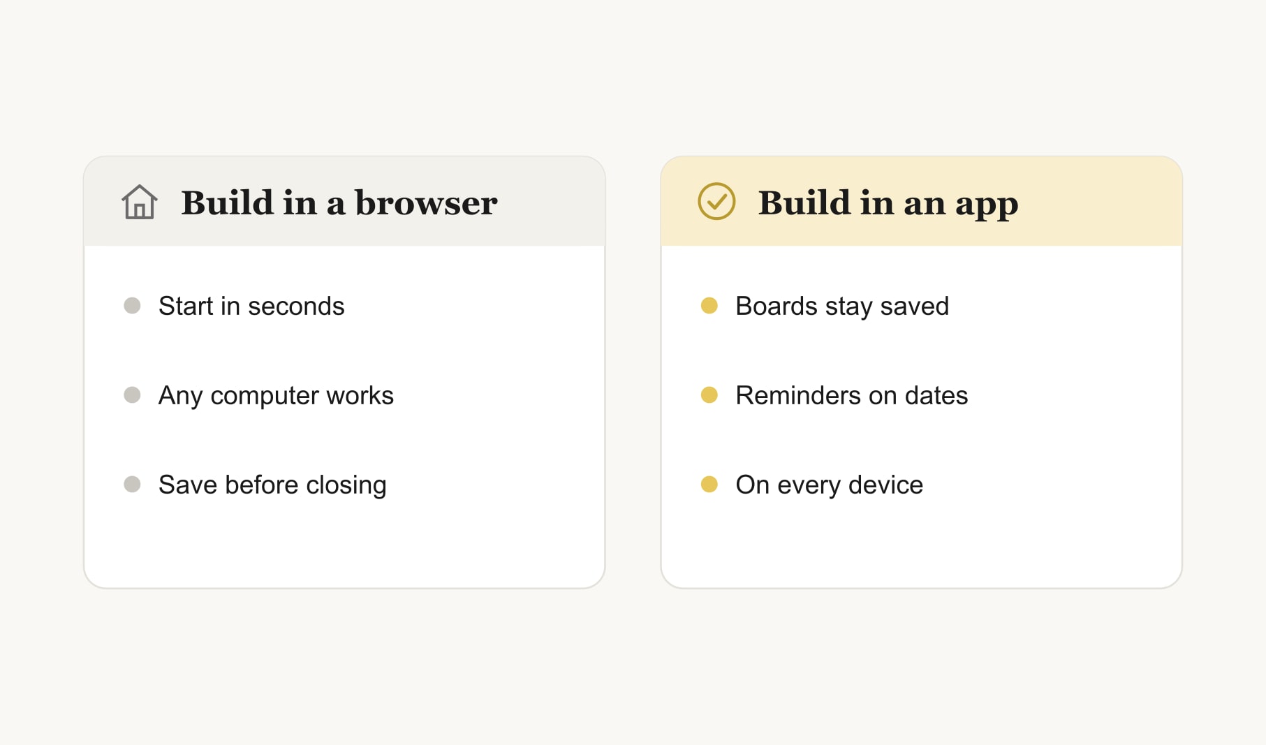 Two places to make a digital vision board compared: building in a browser versus building in an app