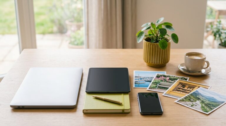 Where to make a digital vision board: a laptop, tablet and phone beside printed goal photos on a desk