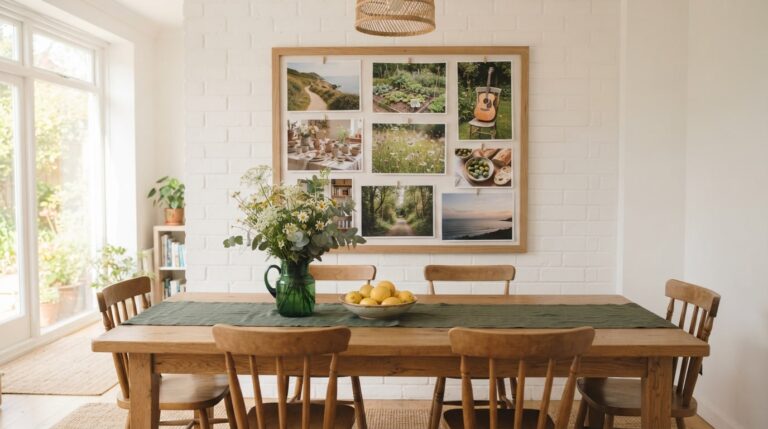 Why do vision boards work: a board of personal photos above a sunny dining table with flowers